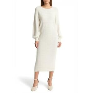 LOFT Sweater Dress Small Cream Shimmer Midi Long Sleeve Fuzzy Knit Cozy Sparkle